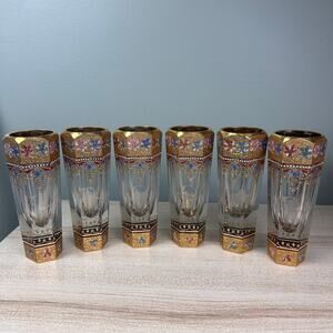 Set of 6 Antique Holzner Enamel Gilt Water Highball Glasses R Monogram Bohemian